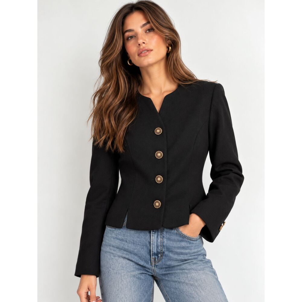Vintage 80s 90s Worthington 100% Wool Black Blazer 14T Gold Button Tailored